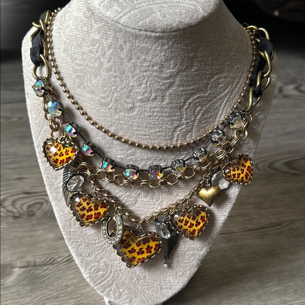 Betsey Johnson Gold-Tone Leopard Heart Layered Necklace - Yellow Red Hearts